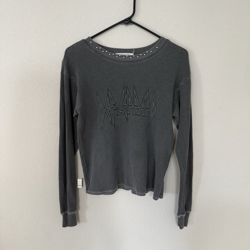 DAYDREAMER Def Leppard Band Thermal Waffle Knit Studded Neck Long Sleeve Top XS
